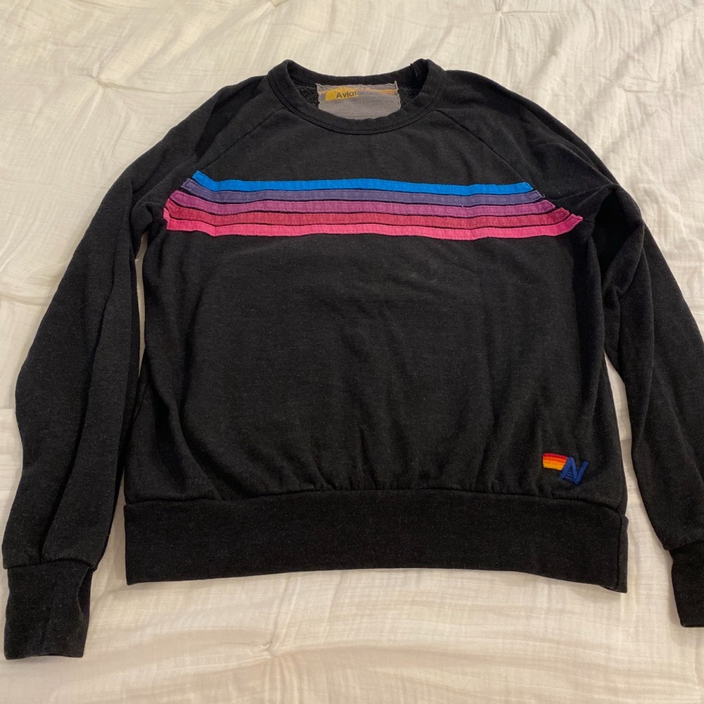 Aviator Nation 5 Stripe Crew Sweatshirt | Black, Pink, & Purple Size XS |